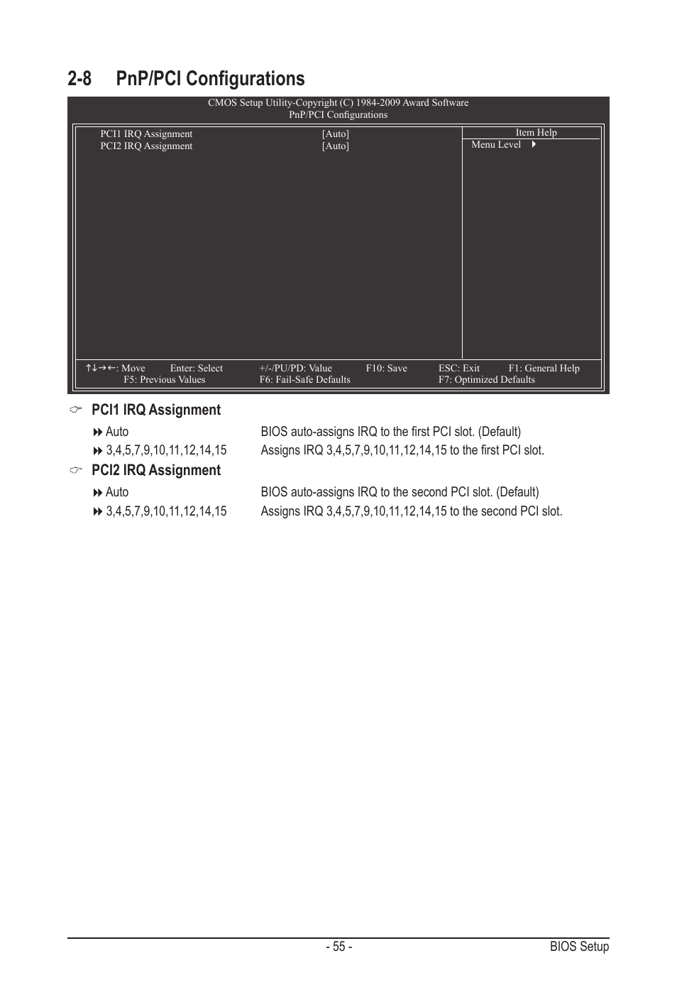 8 pnp/pci configurations, Pci1 irq assignment, Pci2 irq assignment | GIGABYTE GA-MA790GPT-UD3H User Manual | Page 55 / 104