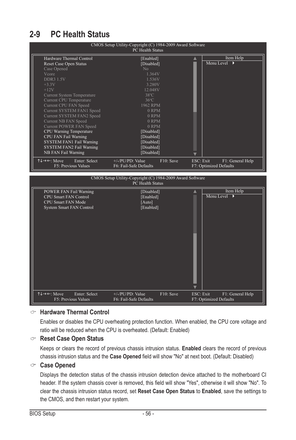 9 pc health status, Hardware thermal control, Reset case open status | Case opened, Bios setup - 56 | GIGABYTE GA-MA790GPT-UD3H User Manual | Page 56 / 104