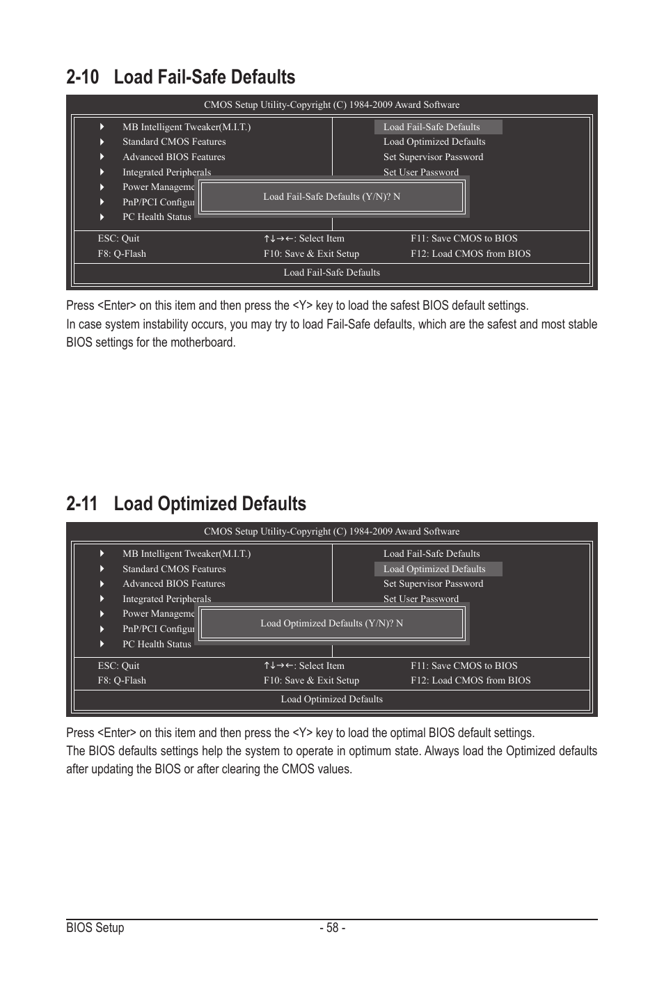 10 load fail-safe defaults, 11 load optimized defaults | GIGABYTE GA-MA790GPT-UD3H User Manual | Page 58 / 104