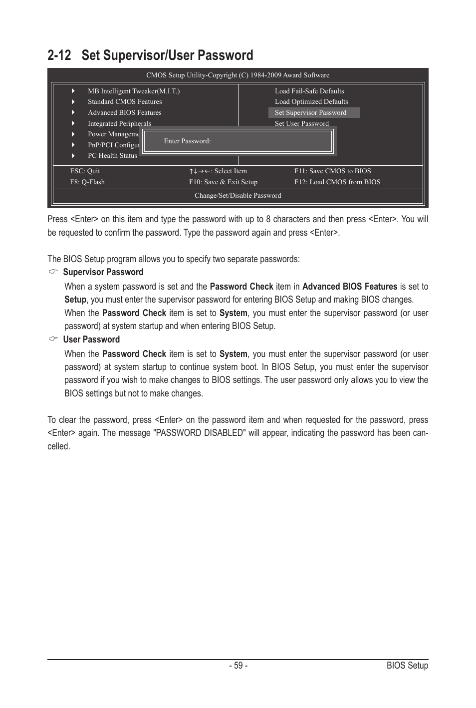 12 set supervisor/user password | GIGABYTE GA-MA790GPT-UD3H User Manual | Page 59 / 104