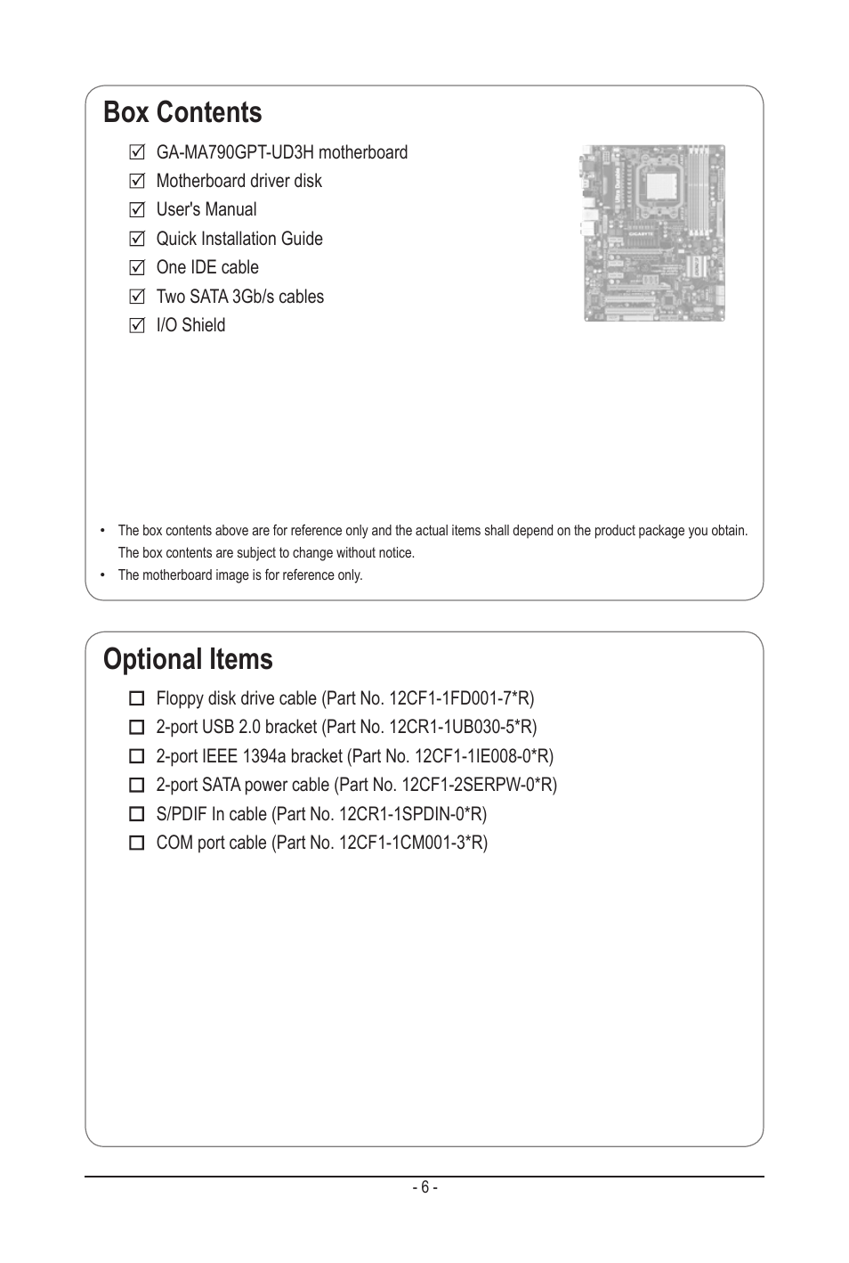 Box contents, Optional items, Box contents optional items | GIGABYTE GA-MA790GPT-UD3H User Manual | Page 6 / 104