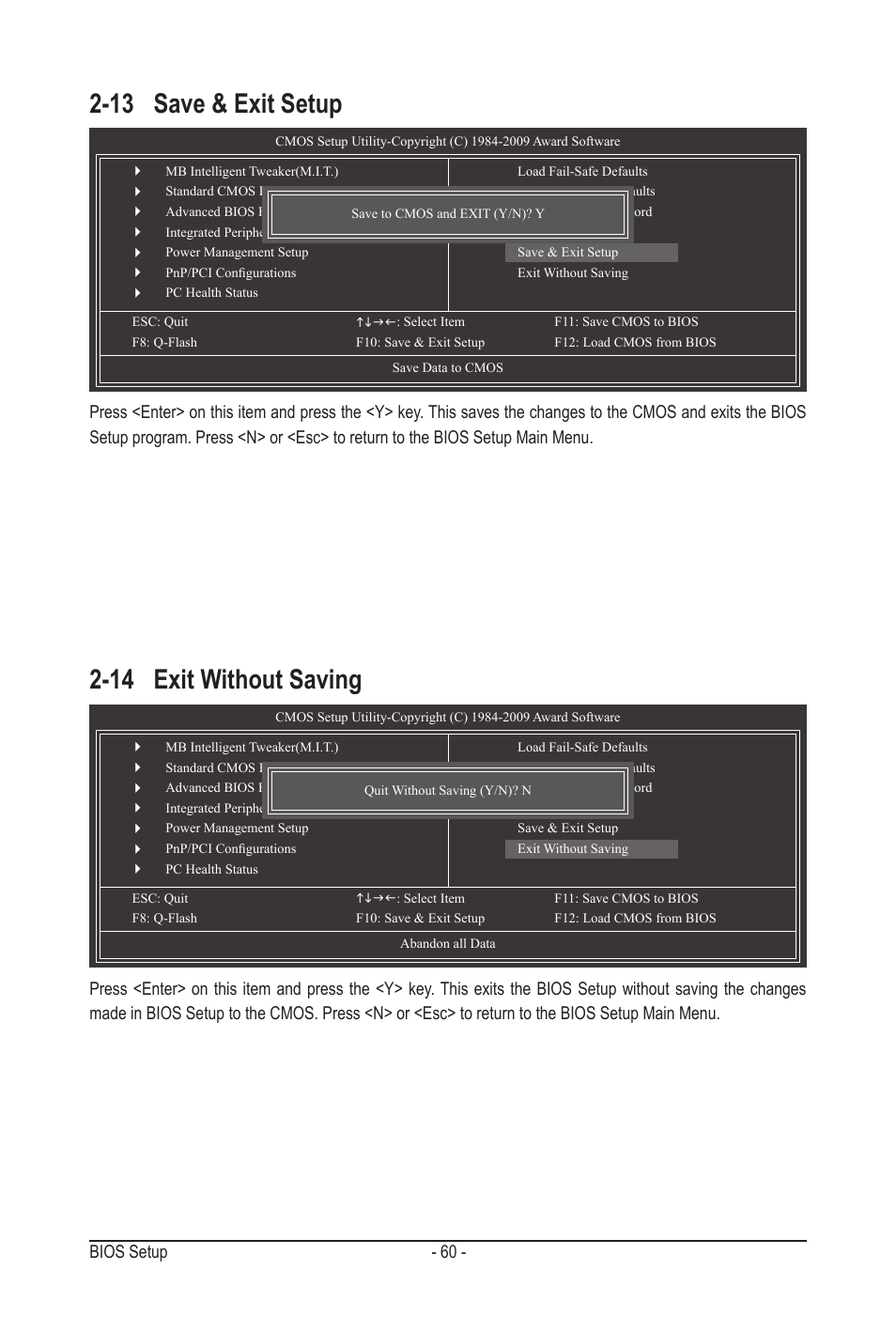 13 save & exit setup, 14 exit without saving, 13 save & exit setup 2-14 exit without saving | GIGABYTE GA-MA790GPT-UD3H User Manual | Page 60 / 104