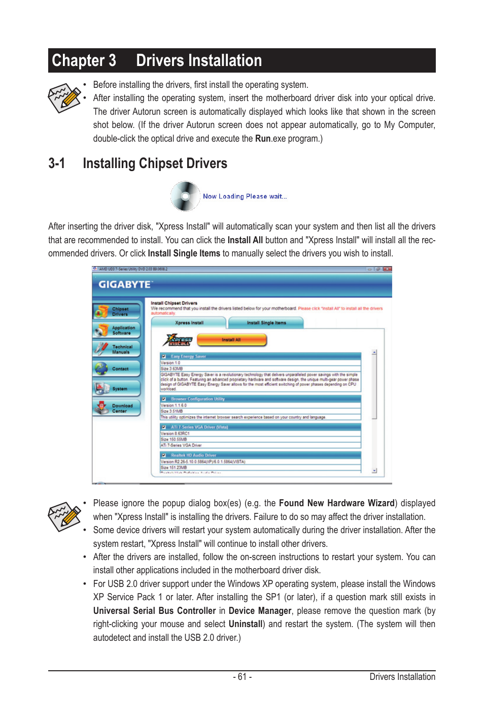 Chapter 3 drivers installation, 1 installing chipset drivers | GIGABYTE GA-MA790GPT-UD3H User Manual | Page 61 / 104