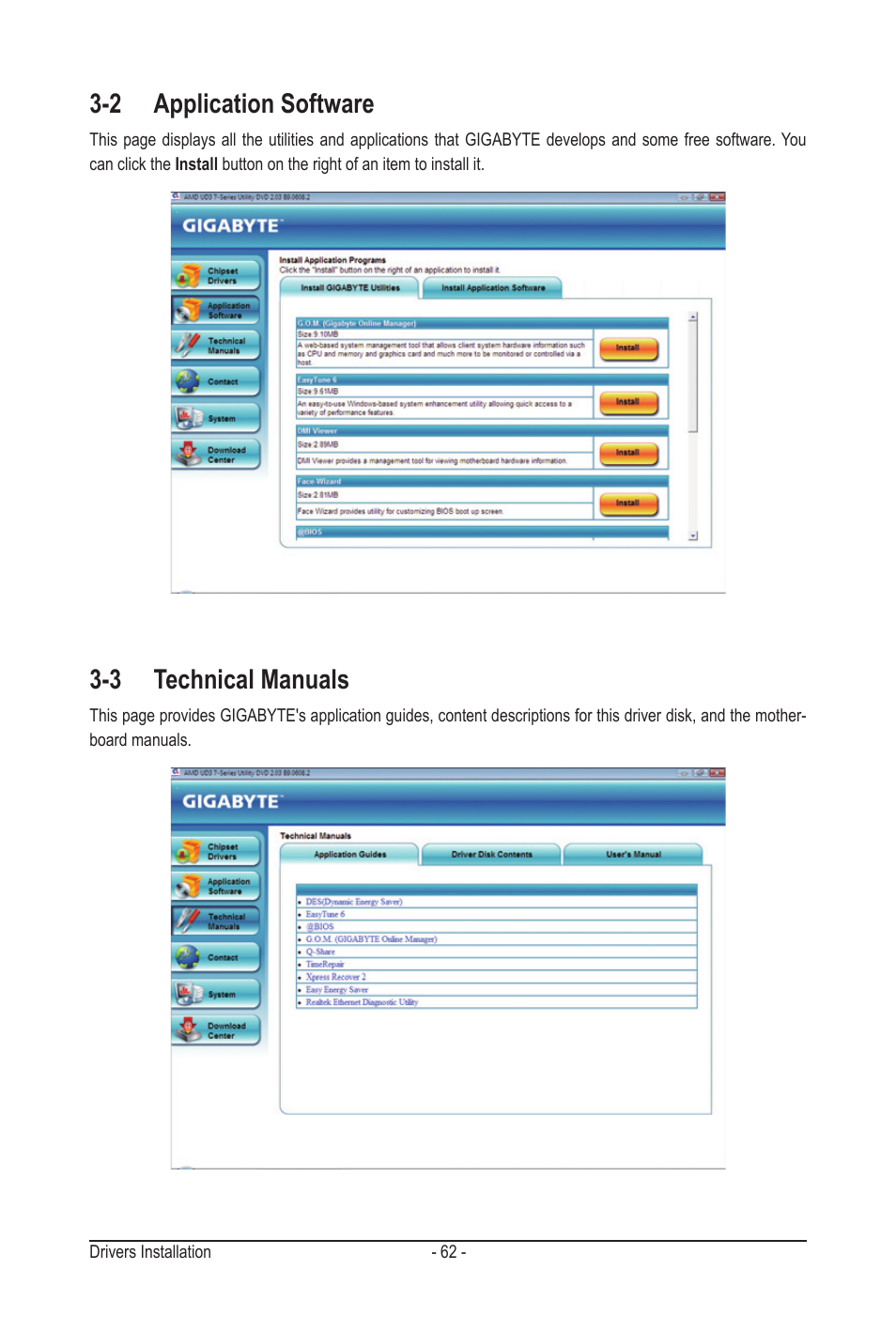 2 application software, 3 technical manuals, 2 application software 3-3 technical manuals | GIGABYTE GA-MA790GPT-UD3H User Manual | Page 62 / 104