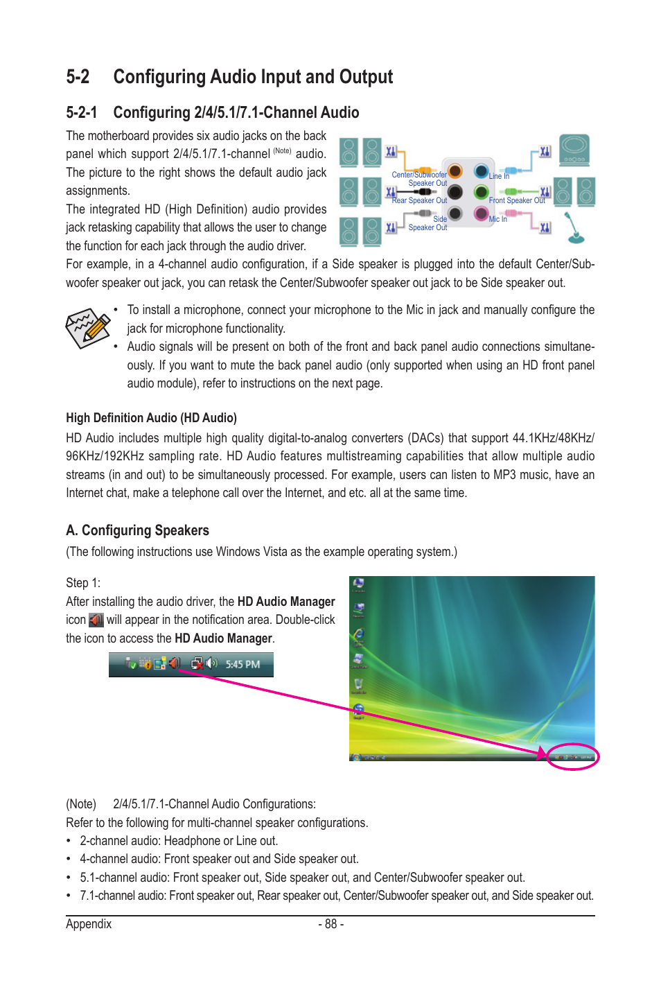 2 configuring audio input and output, 2-1 configuring 2/4/5.1/7.1-channel audio, A. configuring speakers | GIGABYTE GA-MA790GPT-UD3H User Manual | Page 88 / 104