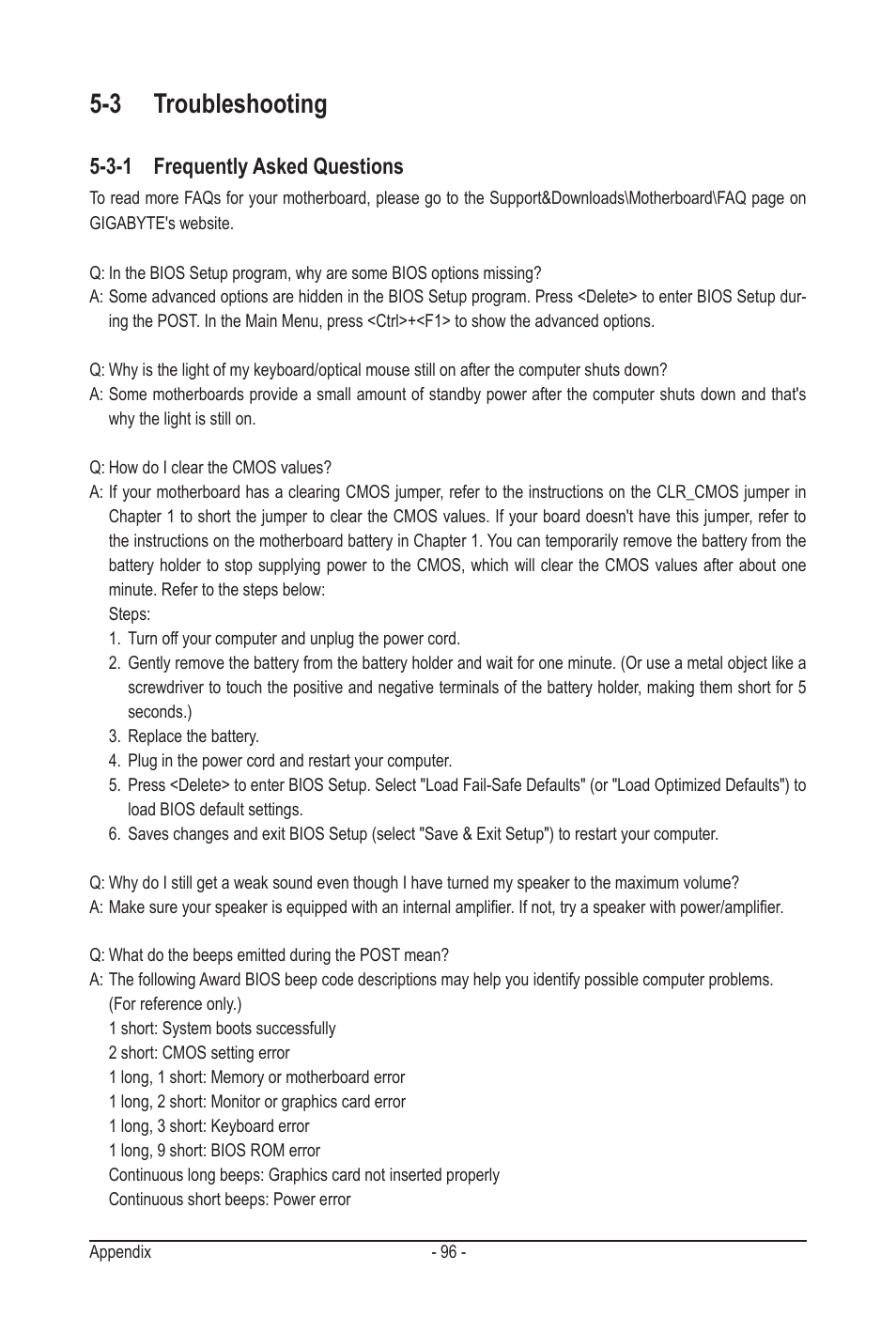 3 troubleshooting, 3-1 frequently asked questions | GIGABYTE GA-MA790GPT-UD3H User Manual | Page 96 / 104