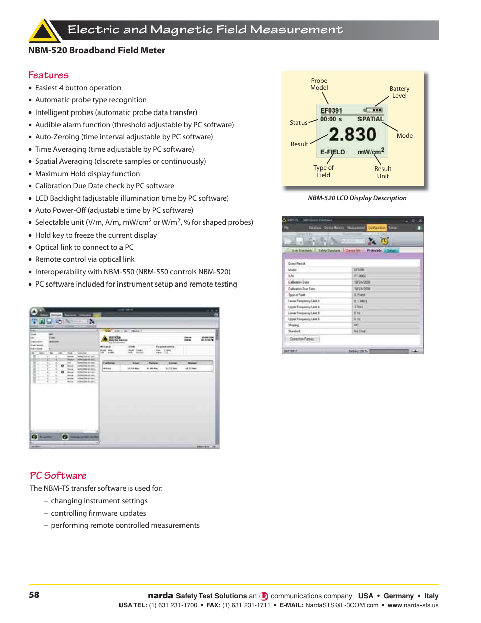 Electric and magnetic field measurement, Features, Pc software | Atec Narda-NBM-520 User Manual | Page 2 / 4