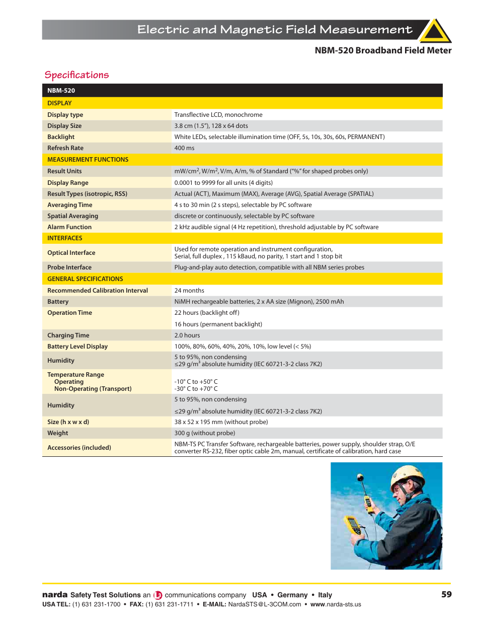 Electric and magnetic field measurement, Speciﬁ cations, Nbm-520 broadband field meter | Atec Narda-NBM-520 User Manual | Page 3 / 4