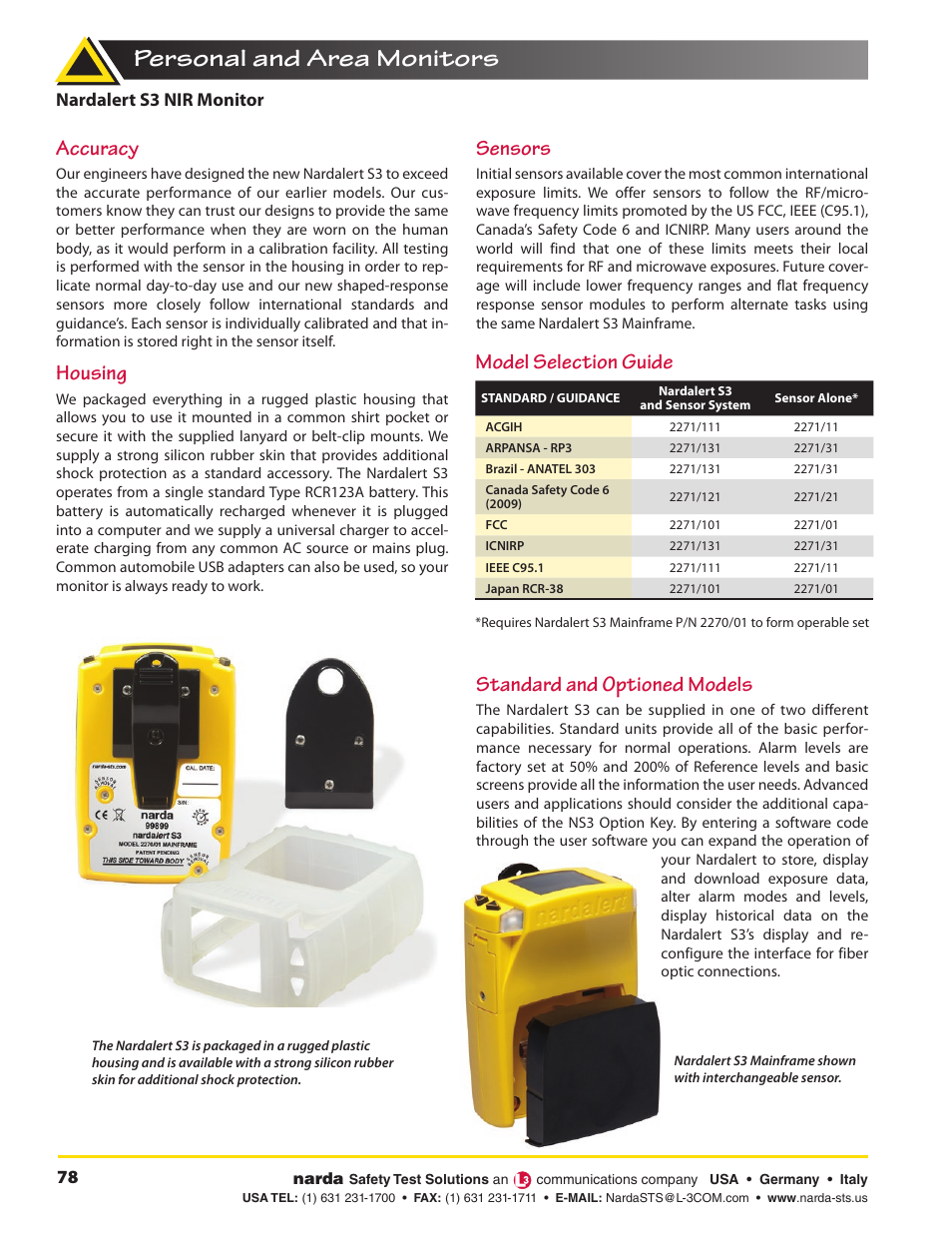 Personal and area monitors, Accuracy, Housing | Sensors, Standard and optioned models, Model selection guide | Atec Narda-Nardalert-S3 User Manual | Page 2 / 6