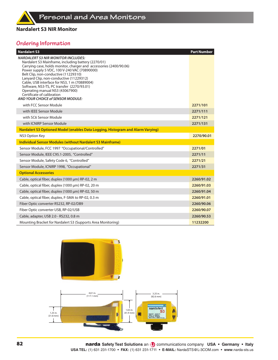 Personal and area monitors, Ordering information, Nardalert s3 nir monitor | Atec Narda-Nardalert-S3 User Manual | Page 6 / 6