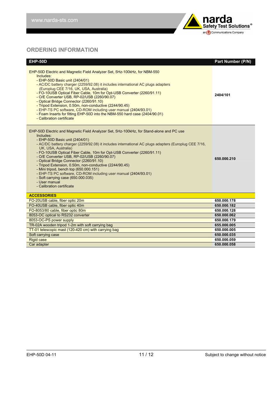 Ordering information | Atec Narda-EHP-50D User Manual | Page 11 / 12