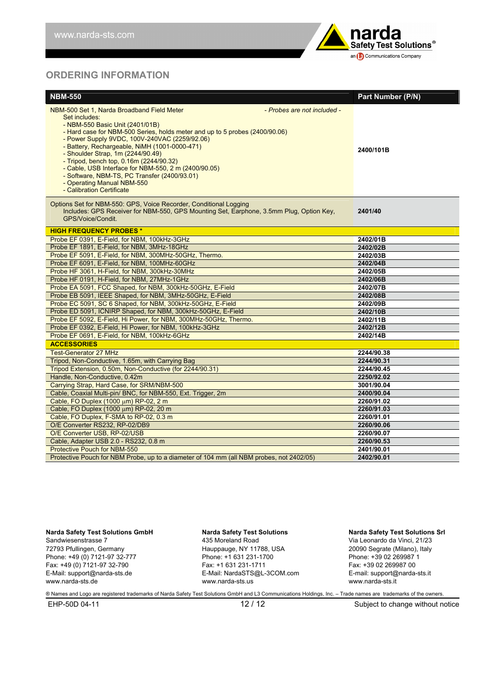 Ordering information | Atec Narda-EHP-50D User Manual | Page 12 / 12