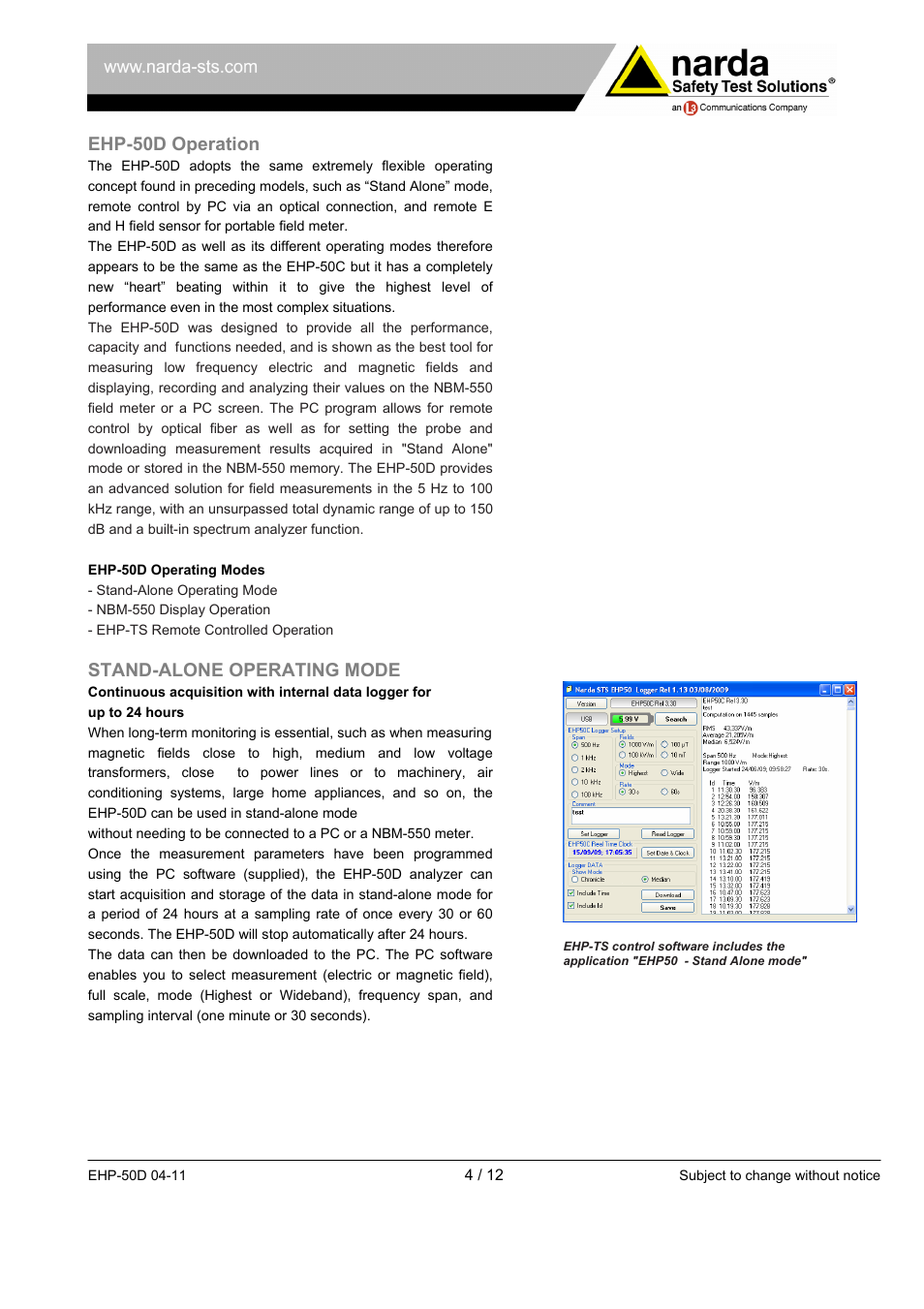 Ehp-50d operation, Stand-alone operating mode | Atec Narda-EHP-50D User Manual | Page 4 / 12