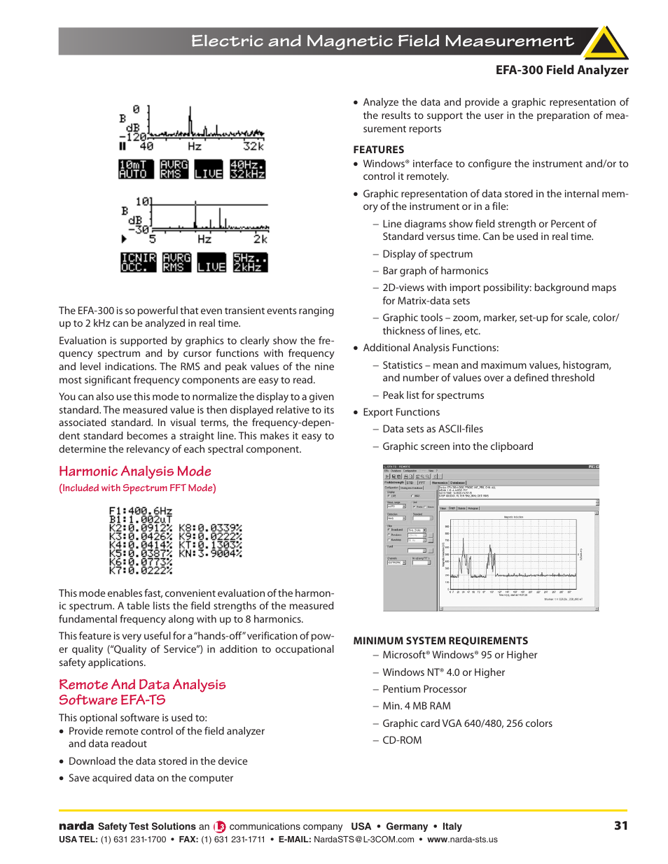 Electric and magnetic field measurement, Harmonic analysis mode, Remote and data analysis software efa-ts | Atec Narda-EFA300 User Manual | Page 3 / 7