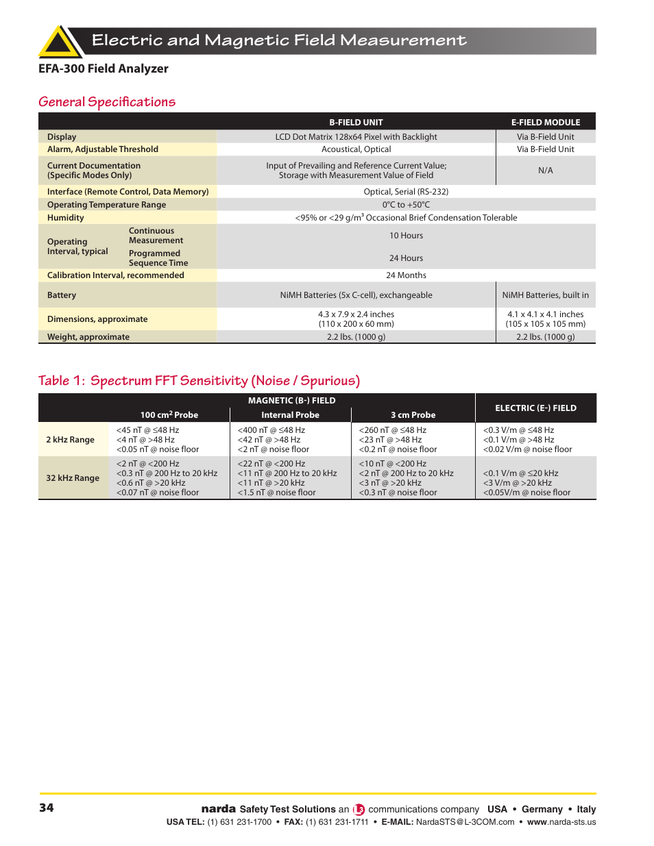 Electric and magnetic field measurement, General specifications, Efa-300 field analyzer | Atec Narda-EFA300 User Manual | Page 6 / 7