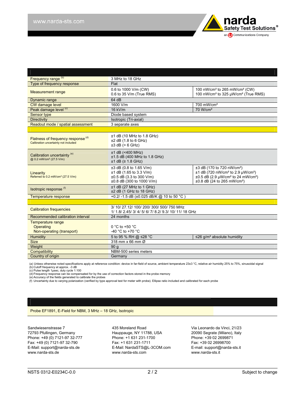 Specifications, Ordering information | Atec Narda-EF1891 User Manual | Page 2 / 2