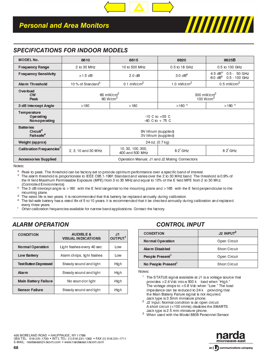 Personal and area monitors, Specifications for indoor models, Alarm operation control input | T.o.c | Atec Narda-8800 Series User Manual | Page 3 / 6