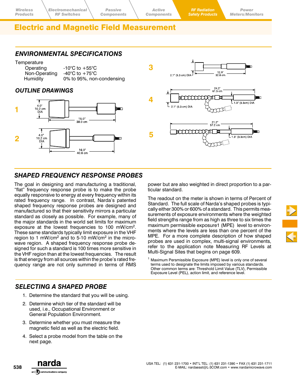 Electric and magnetic field measurement, Main menu toc, Shaped frequency response probes | Selecting a shaped probe, Environmental specifications | Atec Narda-8700-8741d-8754D-8760D-8761D User Manual | Page 2 / 7