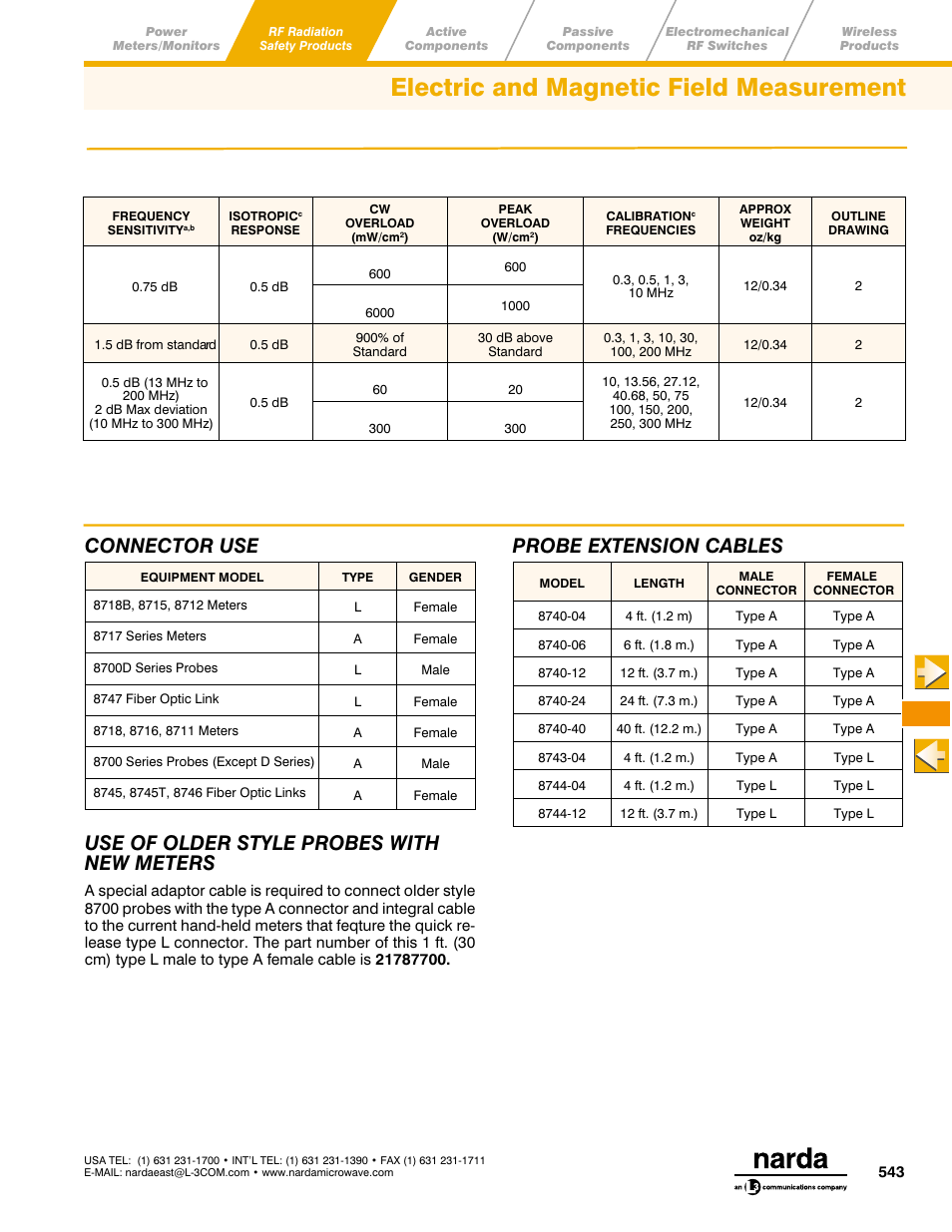 Electric and magnetic field measurement, Main menu toc, Connector use | Use of older style probes with new meters, Probe extension cables | Atec Narda-8700-8741d-8754D-8760D-8761D User Manual | Page 7 / 7