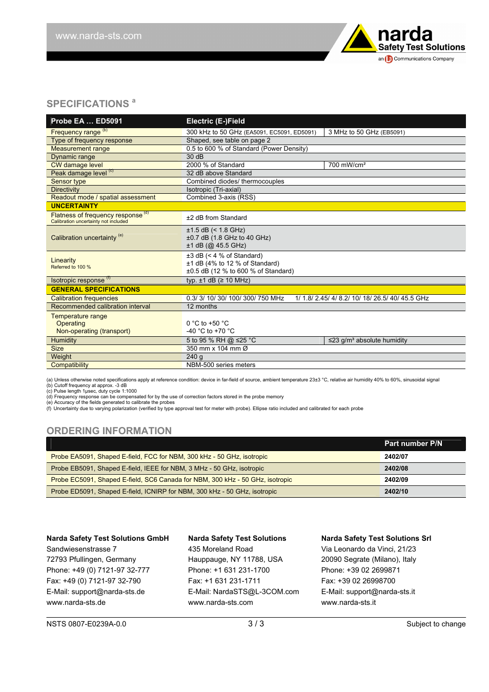 Specifications, Ordering information | Atec Narda-EA5091-EB5091-EC5091-ED5091 User Manual | Page 3 / 3