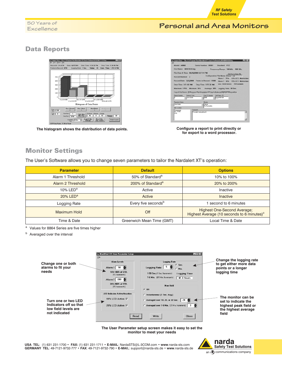 Personal and area monitors, Narda, Data reports monitor settings | Excellence | Atec Narda-A8860-A8862-A8864 User Manual | Page 4 / 6