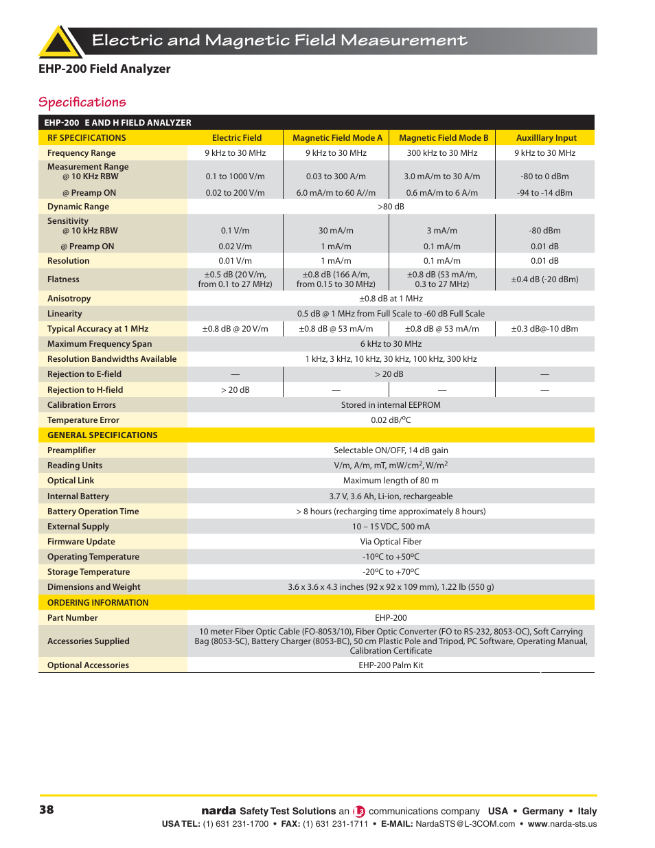 Electric and magnetic field measurement, Speciﬁ cations, Ehp-200 field analyzer | Atec Narda-EHP-200 User Manual | Page 3 / 3