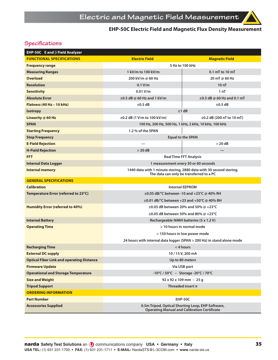 Electric and magnetic field measurement, Speciﬁ cations | Atec Narda-EHP-50C User Manual | Page 4 / 4