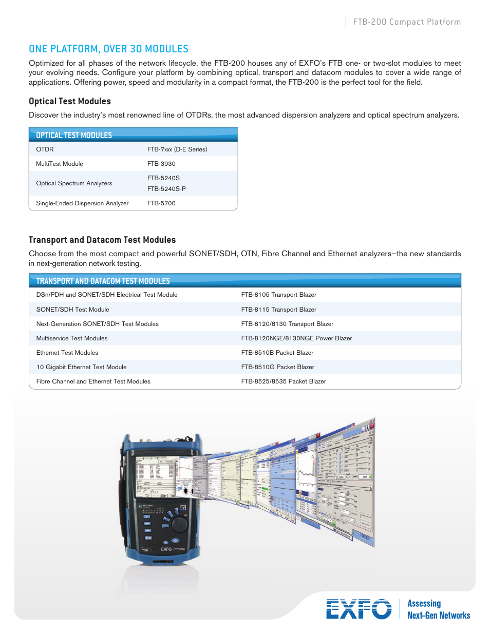 One platform, over 30 modules, Optical test modules, Transport and datacom test modules | Ftb-200 compact platform optical test modules | Atec EXFO-FTB-200 User Manual | Page 3 / 10