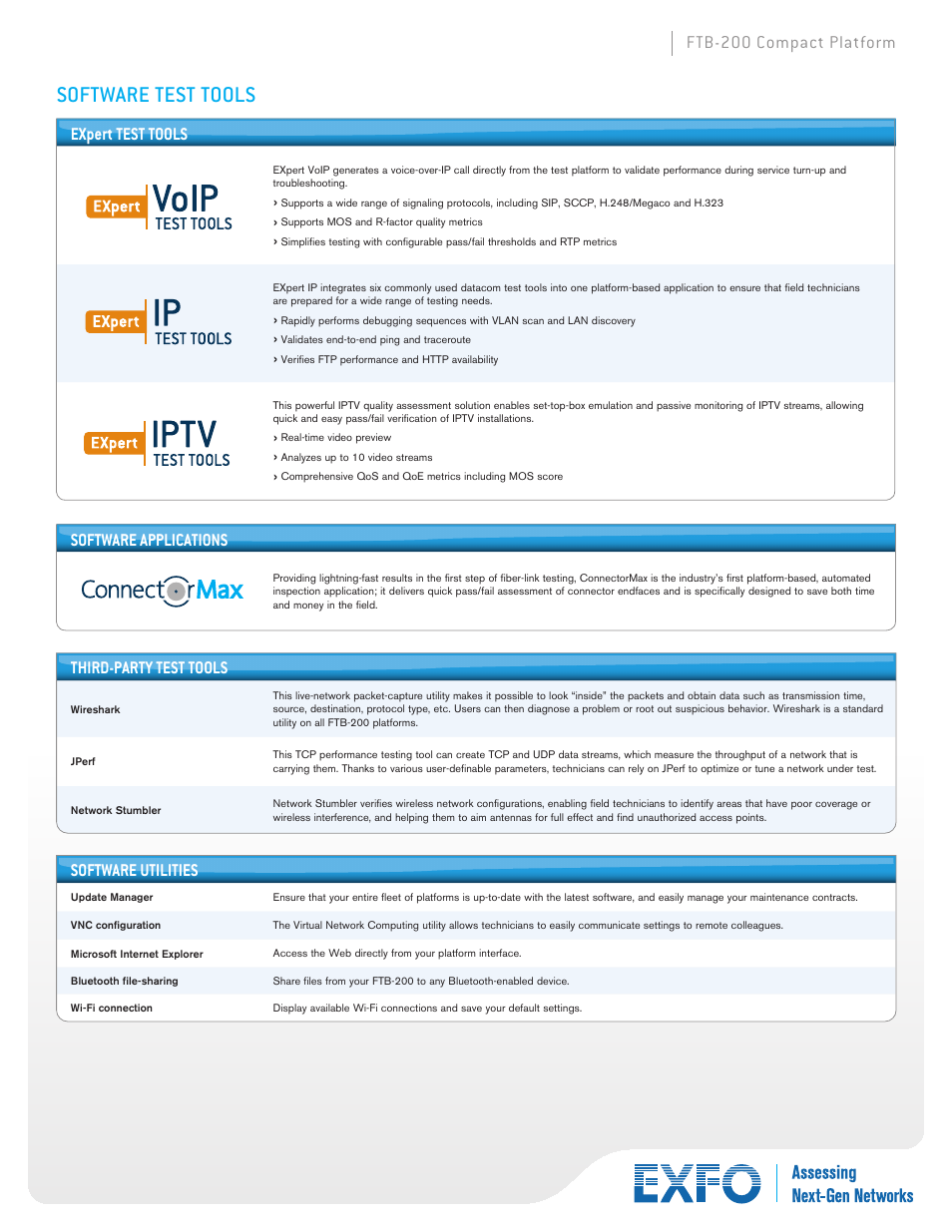 Software test tools, Ftb-200 compact platform software applications, Software utilities | Third-party test tools, Expert test tools | Atec EXFO-FTB-200 User Manual | Page 5 / 10