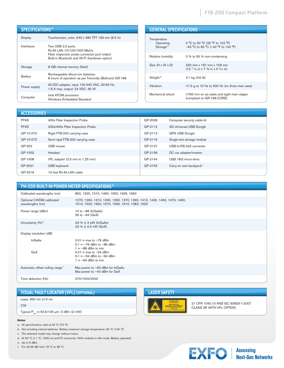 Ftb-200 compact platform specifications, General specifications, Visual fault locator (vfl) | Accessories, Pm-200 built-in power meter specifications, Laser safety, Optional) | Atec EXFO-FTB-200 User Manual | Page 9 / 10