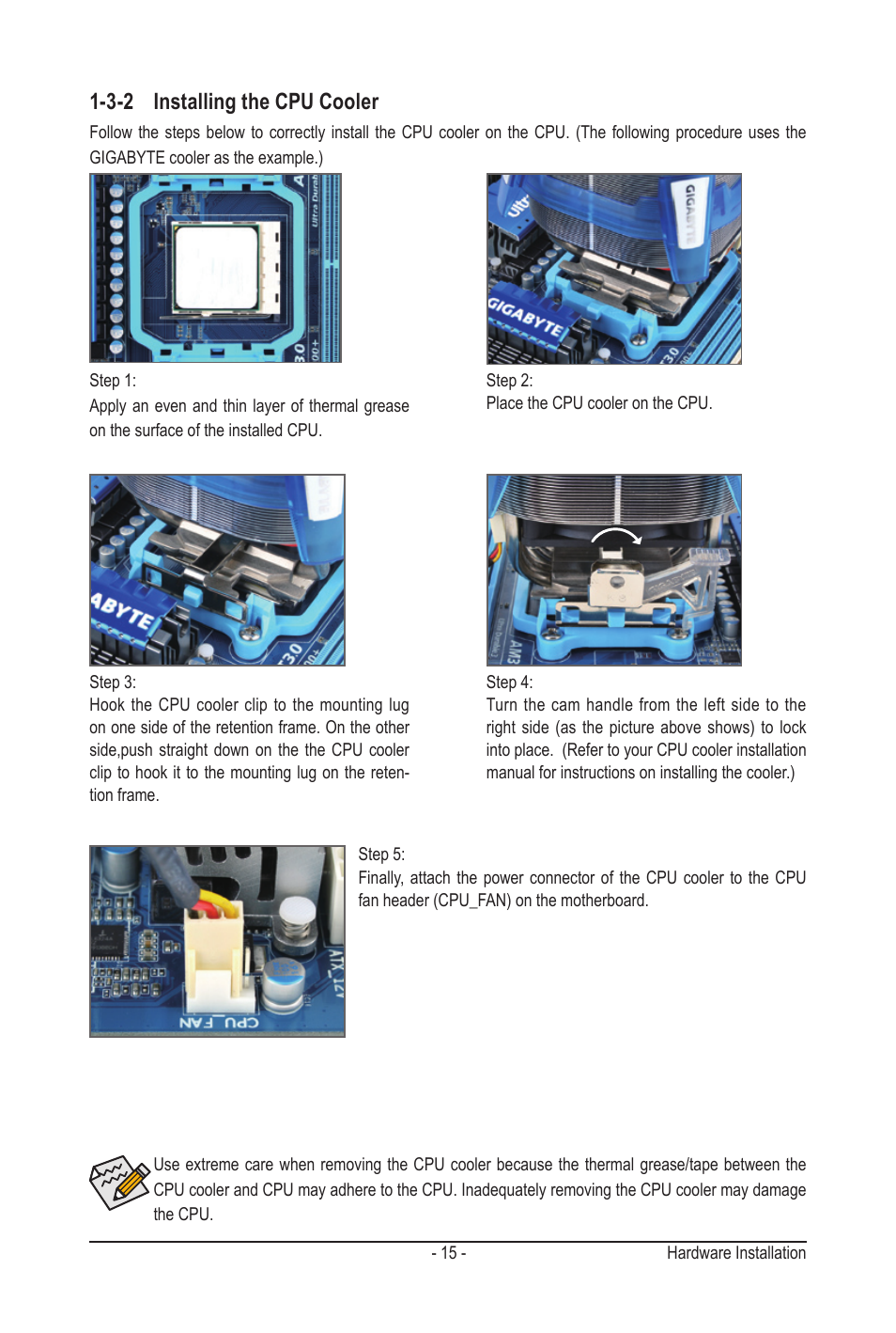 3-2 installing the cpu cooler | GIGABYTE GA-MA78LMT-S2H User Manual | Page 15 / 100