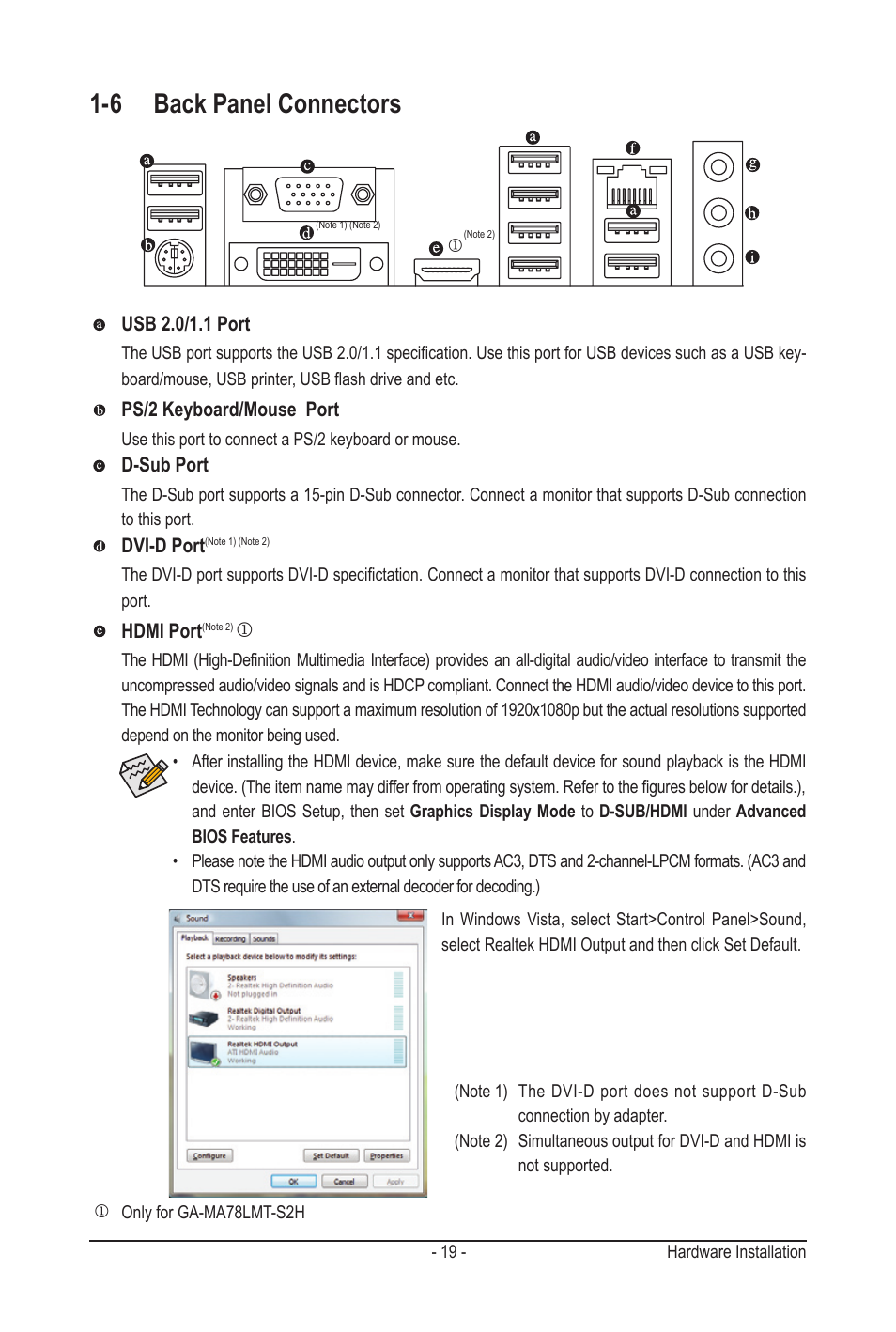 6 back panel connectors | GIGABYTE GA-MA78LMT-S2H User Manual | Page 19 / 100