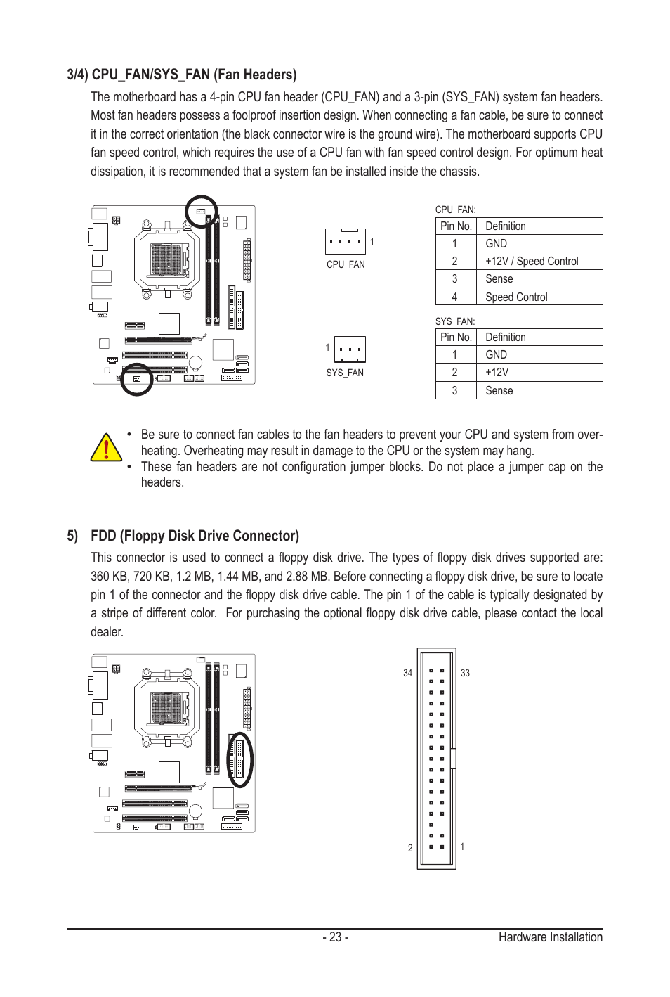 3/4) cpu_fan/sys_fan (fan headers), 5) fdd (floppy disk drive connector) | GIGABYTE GA-MA78LMT-S2H User Manual | Page 23 / 100