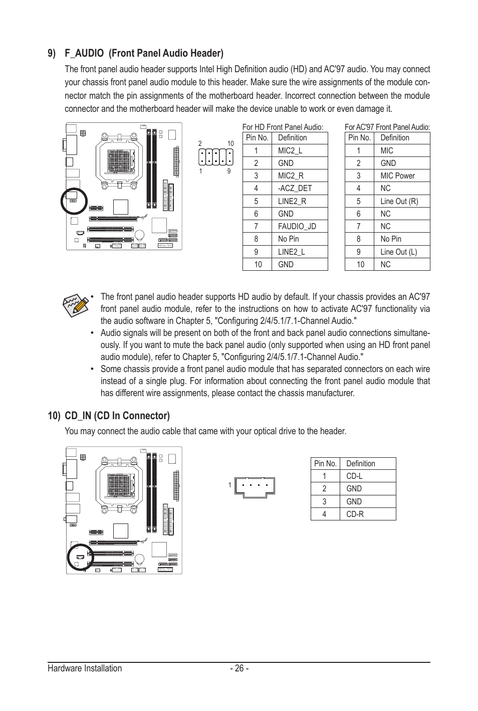 9) f_audio (front panel audio header), 10) cd_in (cd in connector) | GIGABYTE GA-MA78LMT-S2H User Manual | Page 26 / 100