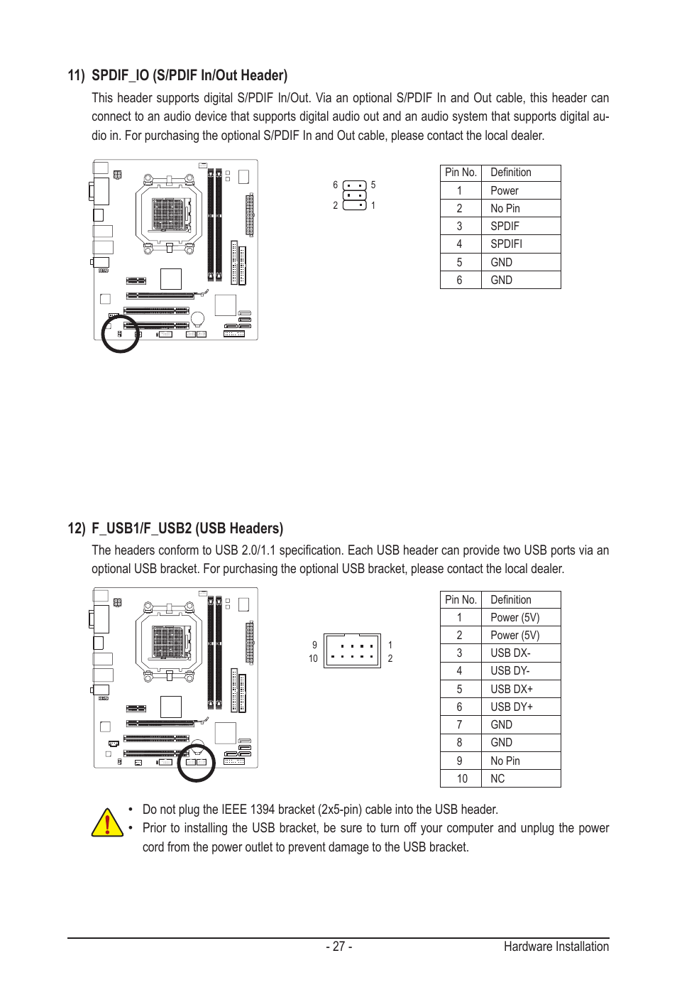 12) f_usb1/f_usb2 (usb headers), 11) spdif_io (s/pdif in/out header) | GIGABYTE GA-MA78LMT-S2H User Manual | Page 27 / 100