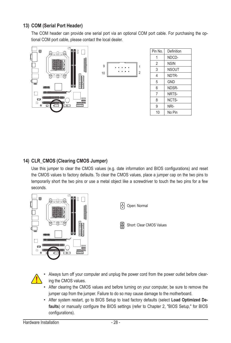 14) clr_cmos (clearing cmos jumper), 13) com (serial port header) | GIGABYTE GA-MA78LMT-S2H User Manual | Page 28 / 100