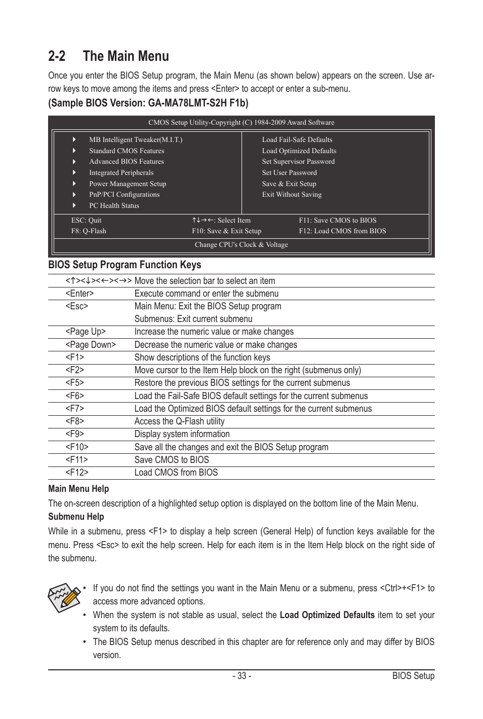 2 the main menu | GIGABYTE GA-MA78LMT-S2H User Manual | Page 33 / 100