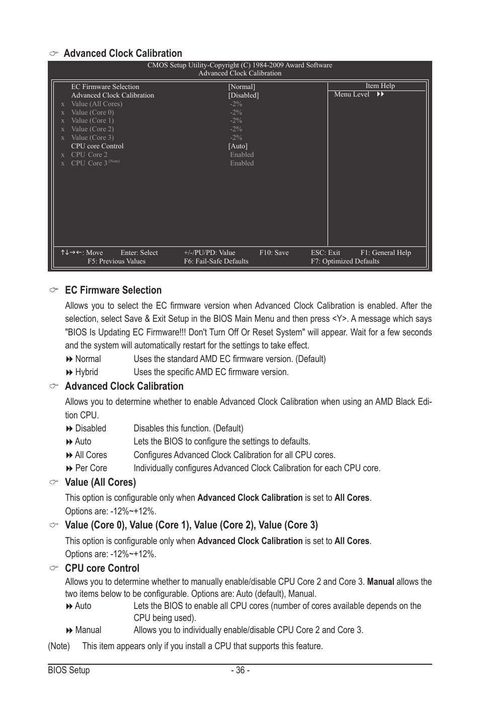 Advanced clock calibration, Ec firmware selection, Value (all cores) | Cpu core control | GIGABYTE GA-MA78LMT-S2H User Manual | Page 36 / 100
