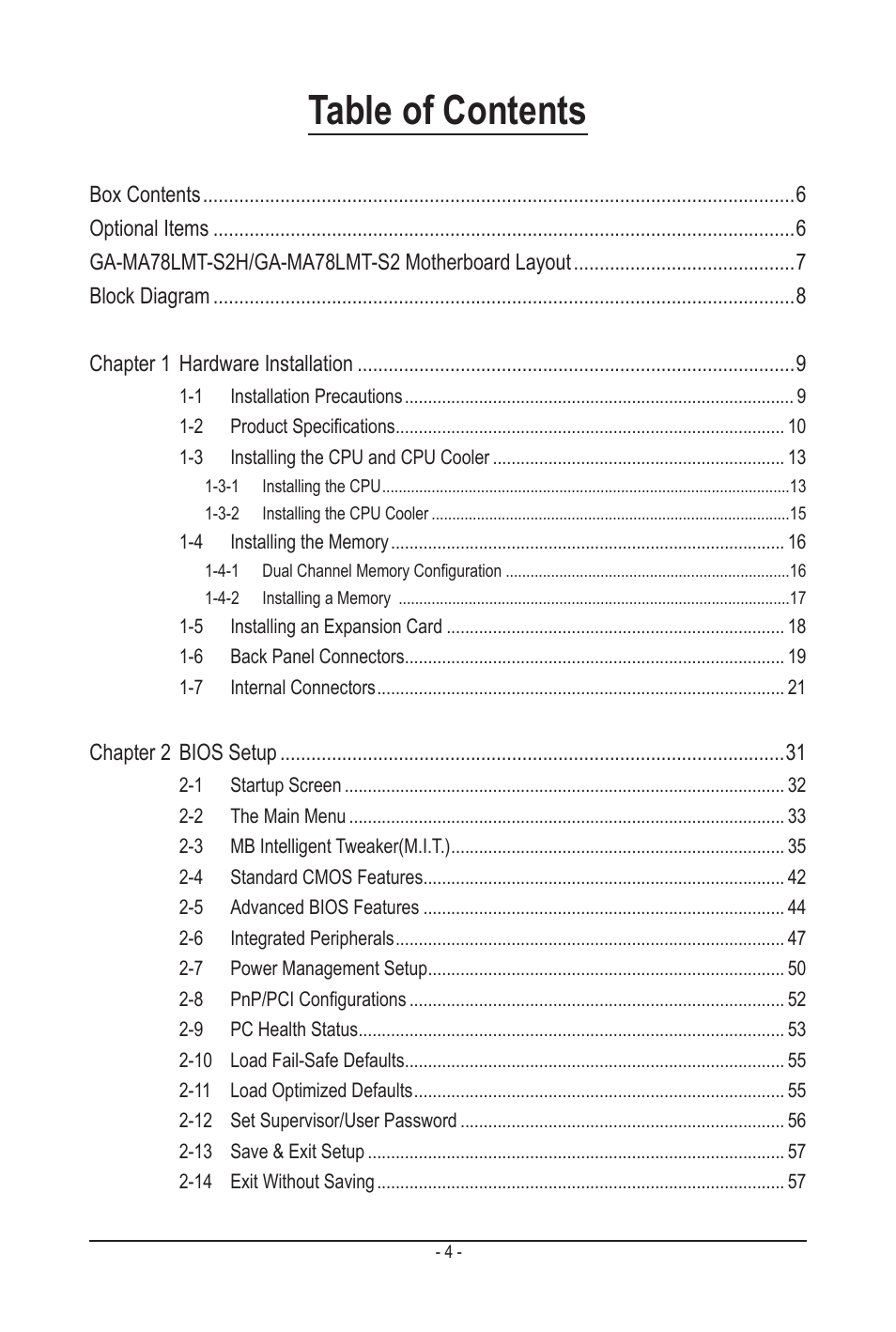 GIGABYTE GA-MA78LMT-S2H User Manual | Page 4 / 100