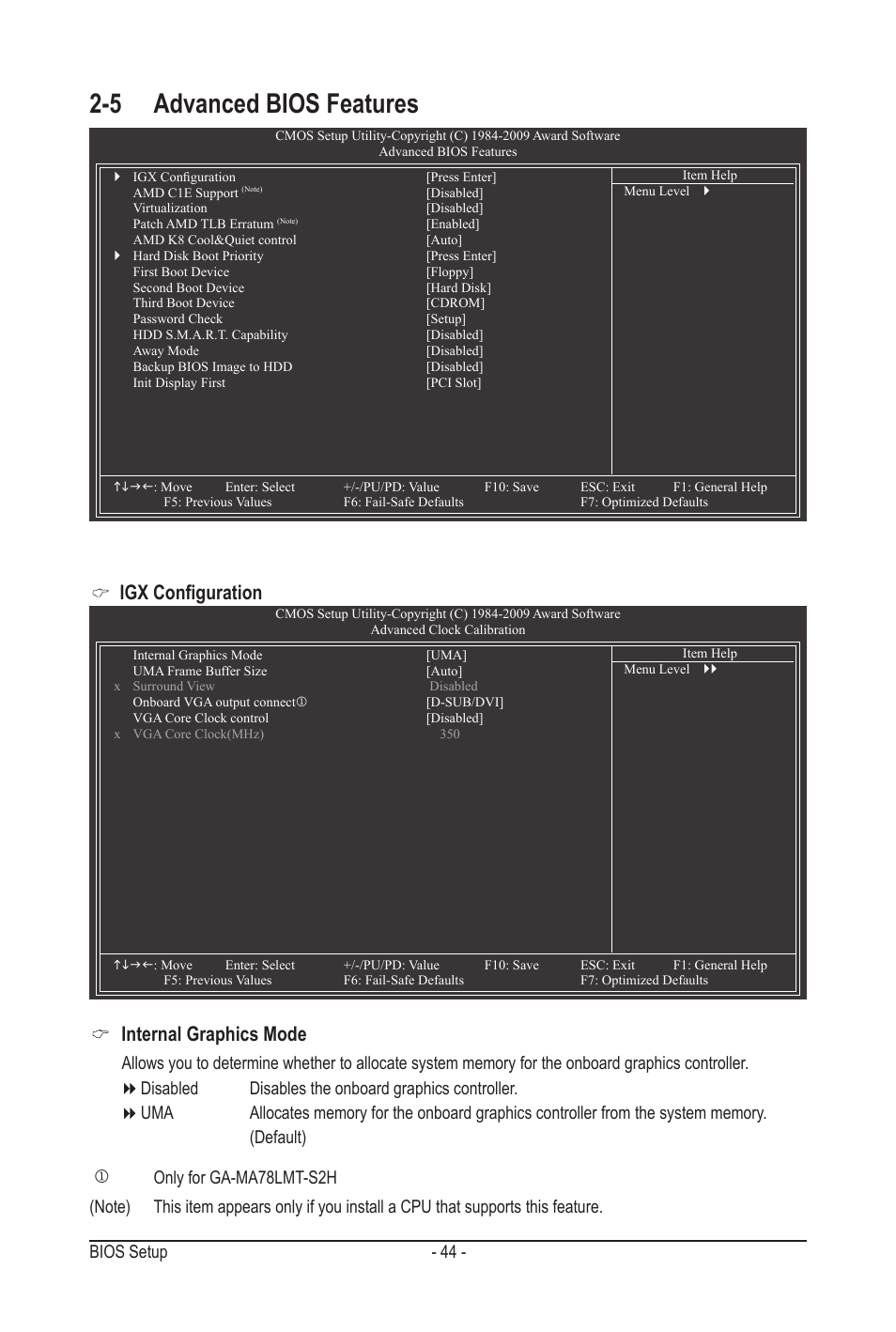 5 advanced bios features, Igx configuration internal graphics mode, Jonly for ga-ma78lmt-s2h | GIGABYTE GA-MA78LMT-S2H User Manual | Page 44 / 100