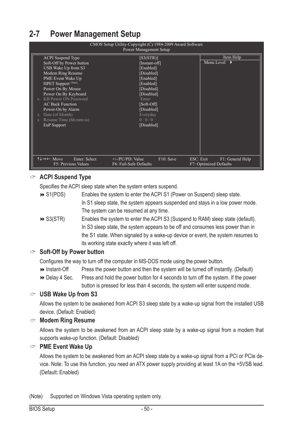 7 power management setup, Acpi suspend type, Soft-off by power button | Usb wake up from s3, Modem ring resume, Pme event wake up | GIGABYTE GA-MA78LMT-S2H User Manual | Page 50 / 100