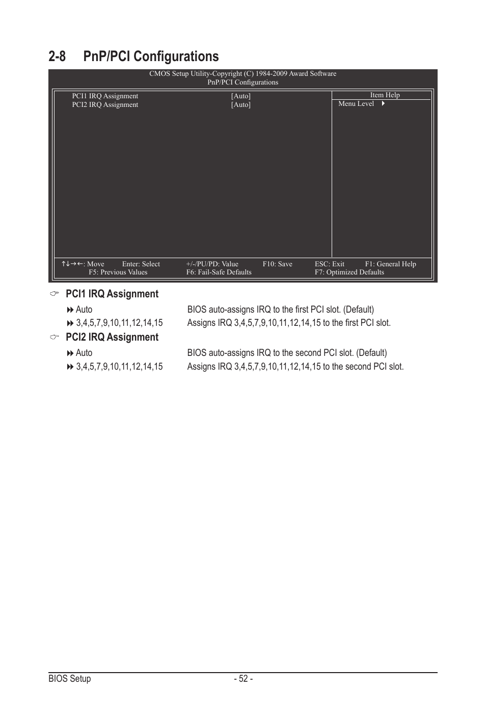 8 pnp/pci configurations, Pci1 irq assignment, Pci2 irq assignment | GIGABYTE GA-MA78LMT-S2H User Manual | Page 52 / 100