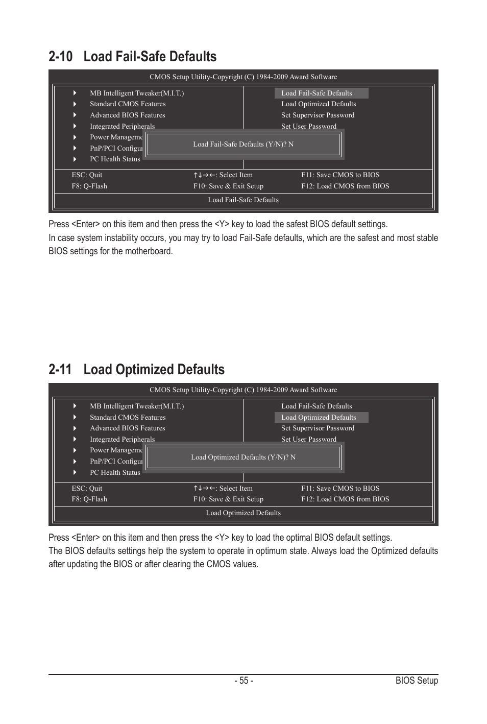 10 load fail-safe defaults, 11 load optimized defaults | GIGABYTE GA-MA78LMT-S2H User Manual | Page 55 / 100