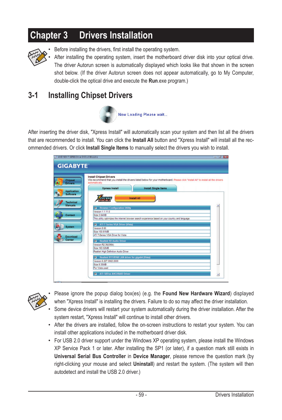 Chapter 3 drivers installation, 1 installing chipset drivers | GIGABYTE GA-MA78LMT-S2H User Manual | Page 59 / 100