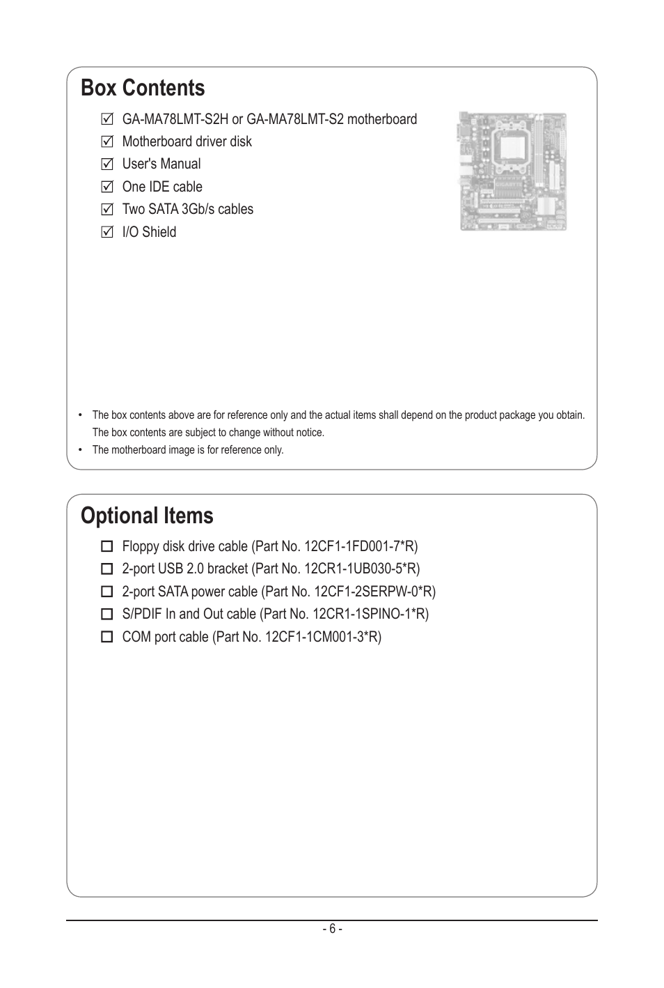 Box contents, Optional items | GIGABYTE GA-MA78LMT-S2H User Manual | Page 6 / 100