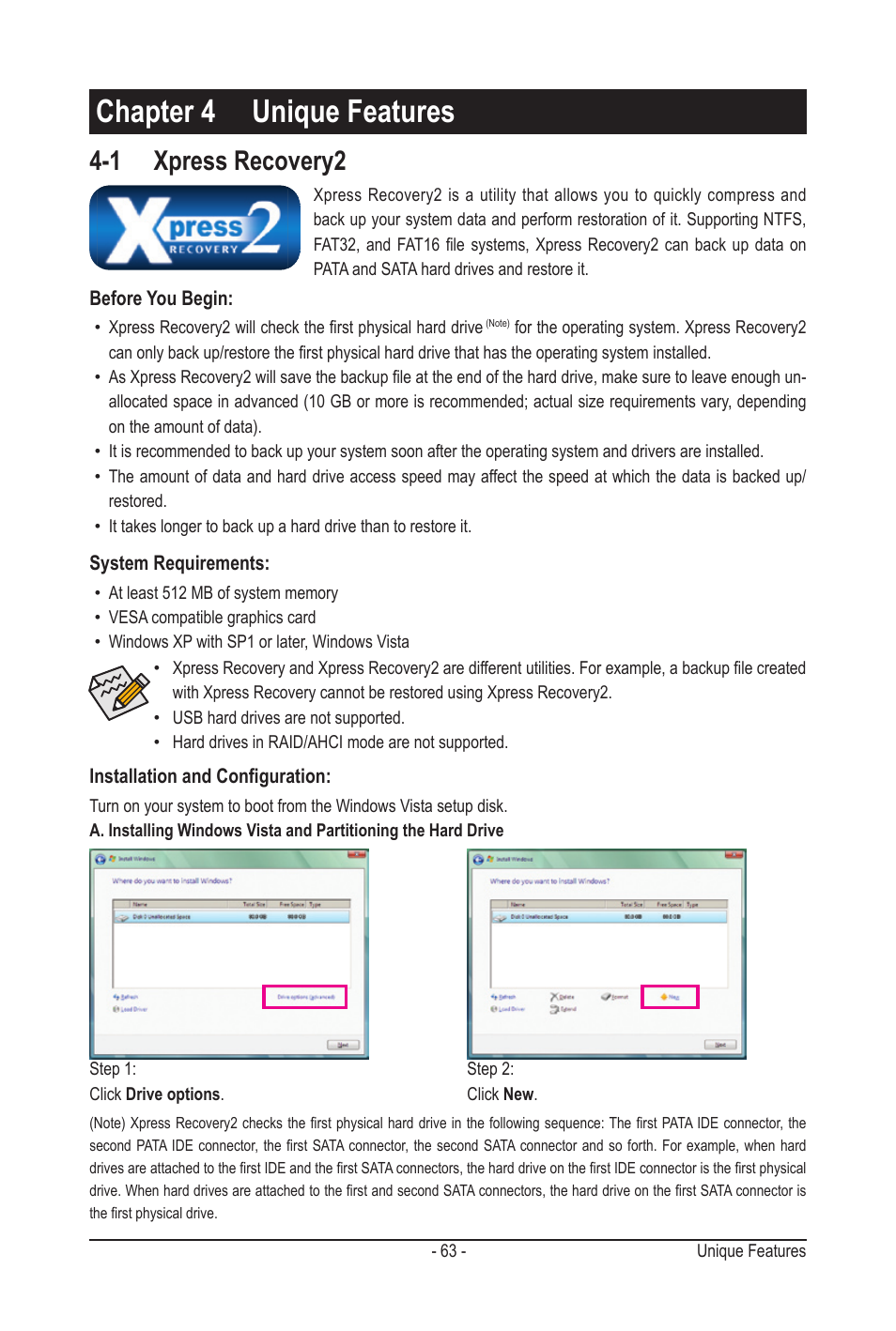 Chapter 4 unique features, 1 xpress recovery2 | GIGABYTE GA-MA78LMT-S2H User Manual | Page 63 / 100