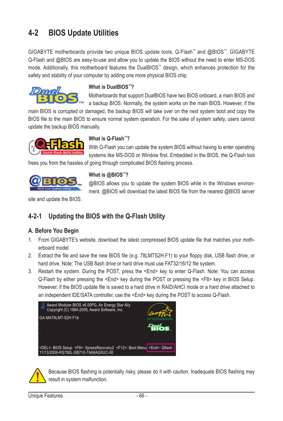 2 bios update utilities, 2-1 updating the bios with the q-flash utility, A. before you begin | GIGABYTE GA-MA78LMT-S2H User Manual | Page 66 / 100