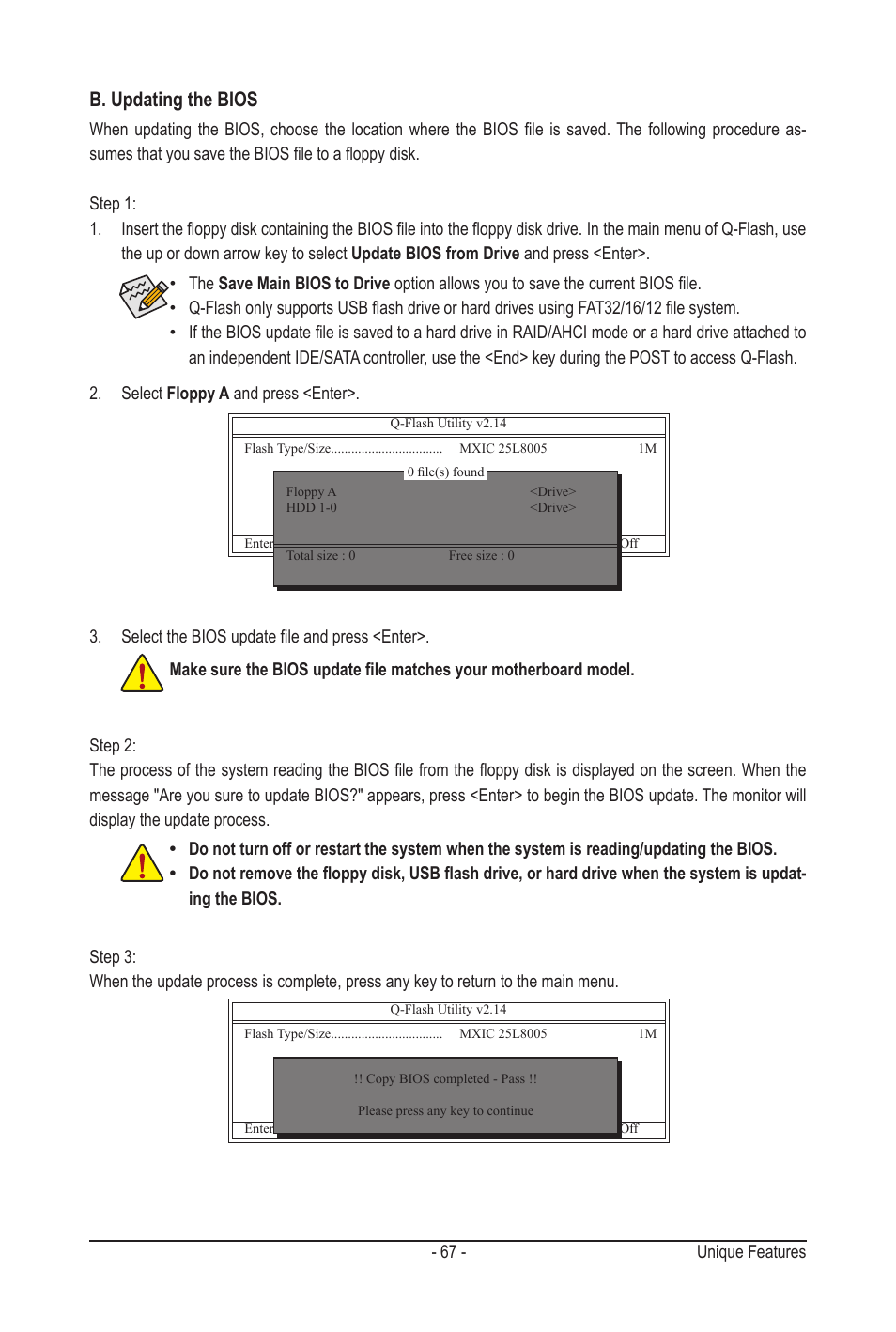 B. updating the bios, 67 - unique features | GIGABYTE GA-MA78LMT-S2H User Manual | Page 67 / 100