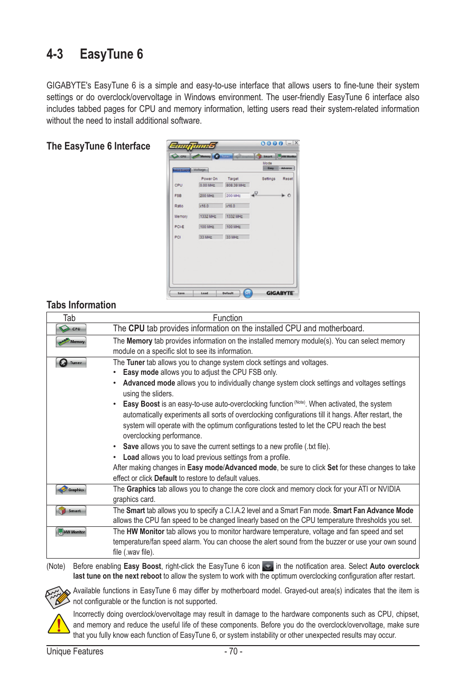 3 easytune 6, The easytune 6 interface tabs information | GIGABYTE GA-MA78LMT-S2H User Manual | Page 70 / 100