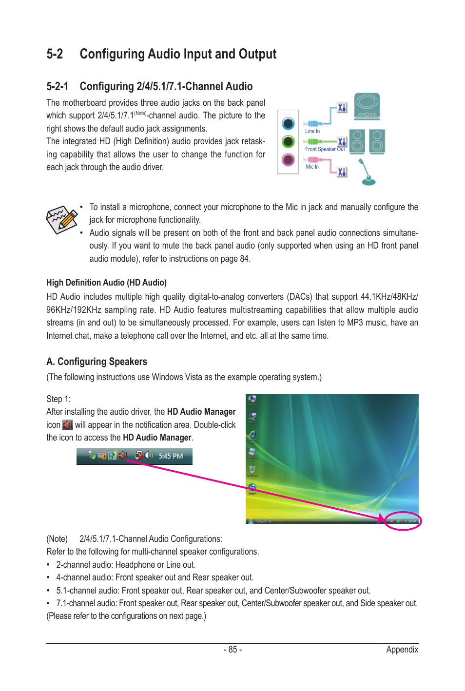 2 configuring audio input and output | GIGABYTE GA-MA78LMT-S2H User Manual | Page 85 / 100